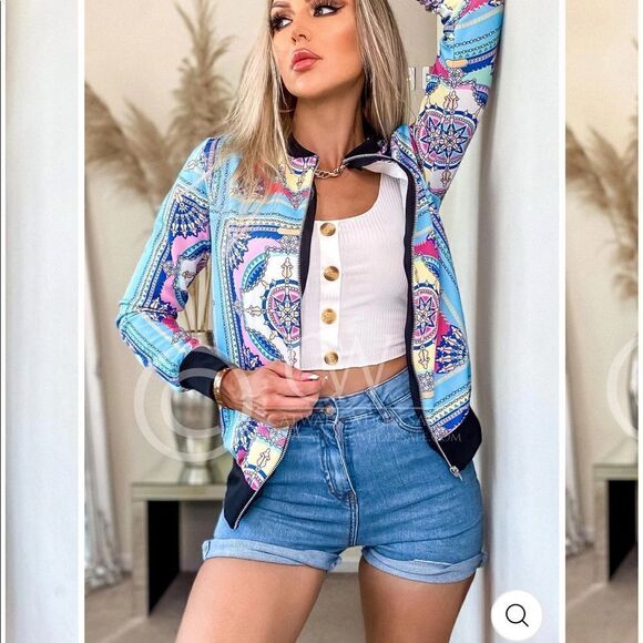 💼Light Wear Summer Bomber Jacket, Paisley Chain Print, Zip Front - Picture 3 of 13